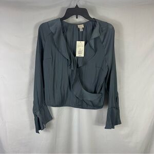 A New Day - Ruffled Bell Sleeve Crop Blouse - Teal Blue